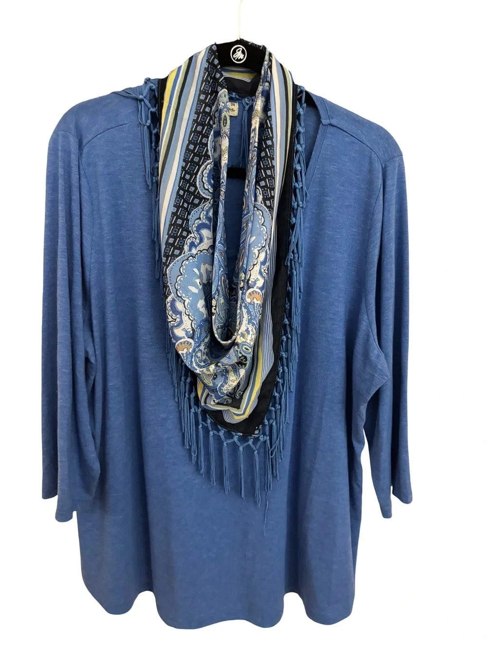 live and let live 3/4 sleeve Blue boho southwestern Top with integrated Scarf 3X
